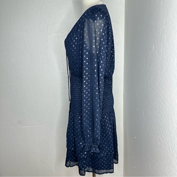 AQUA Navy Polka Dot Smocked Mini Dress Long Sleeve Ruffle Feminine Style Sz M - Picture 5 of 13